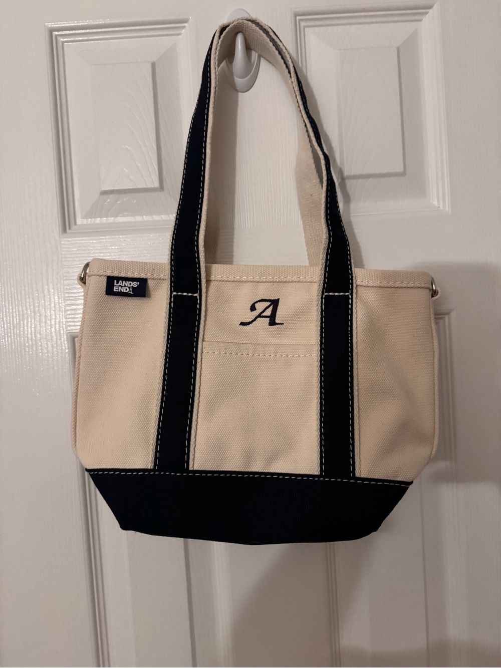 NWOT Land's end canvas tote, sz small with long handles, navy, monogrammed